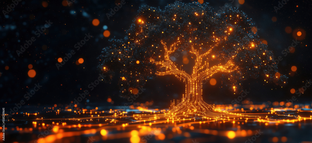 Aufkleber digital tree with glowing circuits and lights representing technology and nature.
