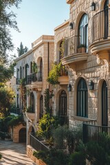 Mediterranean-style townhouses, sun-drenched facade