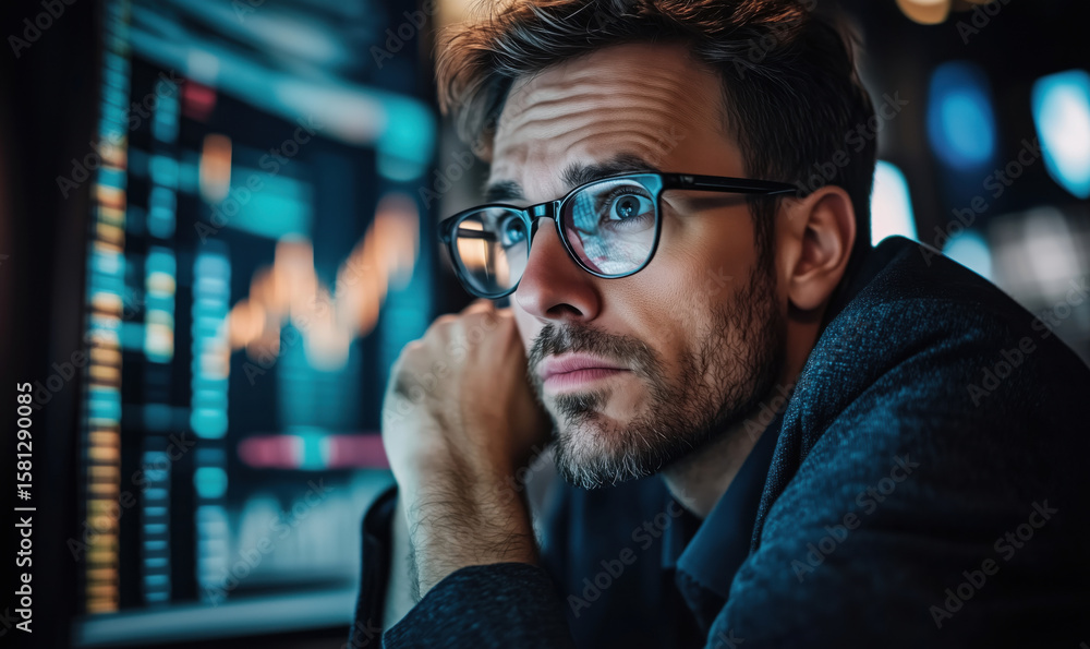 Poster focused man analyzing financial data on computer screen in dark office environment.