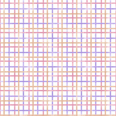 Grid of multi-colored stripes watercolor illustration of a seamless pattern. The colors are pink, purple and orange. Bright and cheerful ornament of thin stripes. Checkered background for packaging