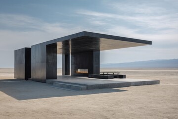 Fototapeta premium Modern minimalist pavilion in desert landscape. Dark gray structure offers shelter & seating.