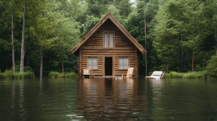 Obraz premium Rustic wooden house amidst floodwaters in a serene forest