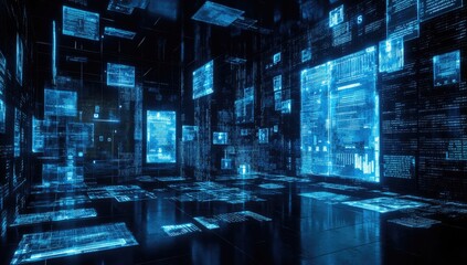 Digital data room, glowing blue code