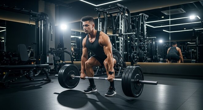 Muscular Man Deadlifting Weight in Modern Gym Setting
