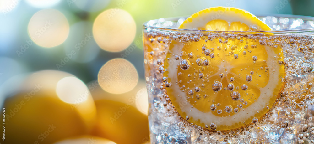 Aufkleber refreshing sparkling lemonade with lemon slices and bubbles in glass.
