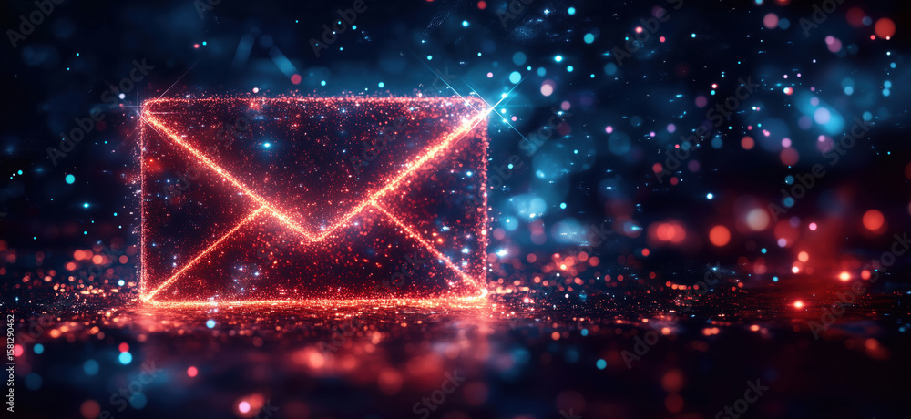 Poster glowing digital envelope with sparkling particles representing email communication.