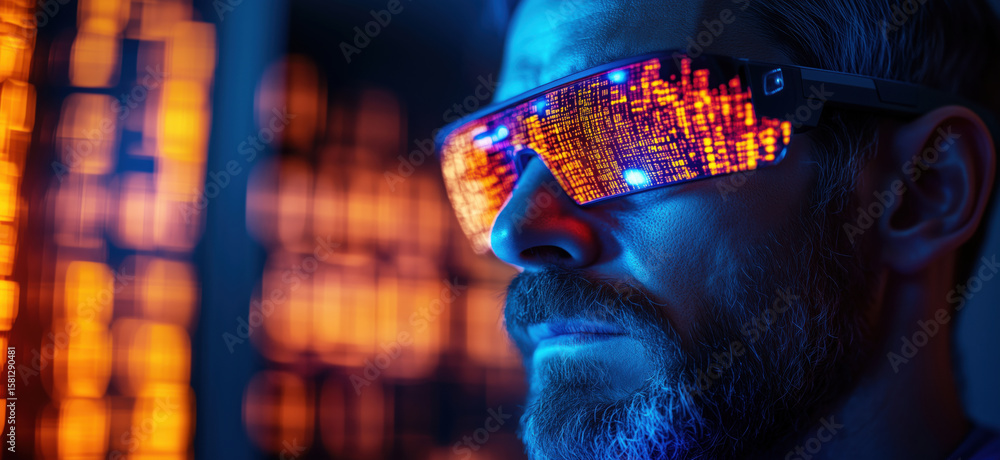 Poster futuristic man wearing smart glasses with digital display reflecting data patterns.