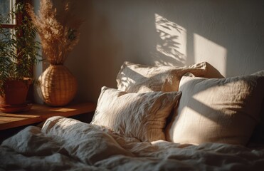 Warm sunlight illuminating cozy bedroom with linen bedding and pillows
