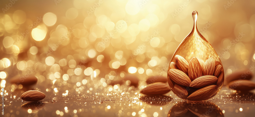 Poster almonds in a droplet with golden bokeh background creating a luxurious atmosphere.