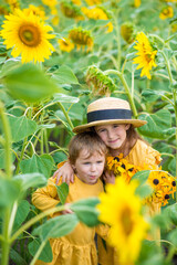 little girls in sunflowers in a field