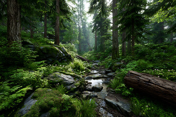 Fototapeta premium Lush Green Forest Scene Sunlight Dappled Stream Moss Covered Rocks Dense Evergreen Trees Tranquil Nature Background