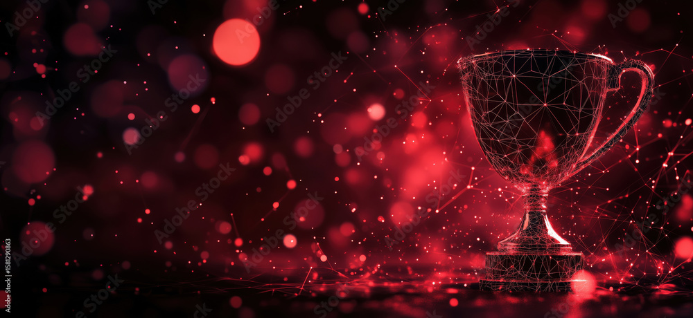 Poster 3d wireframe trophy on red background with glowing particles and abstract design elements.