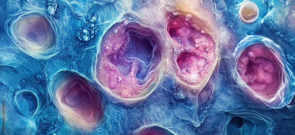 Aufkleber microscopic view of colorful cellular structures showcasing intricate details and textures.