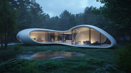 Futuristic organic white house with glass walls in a forest image