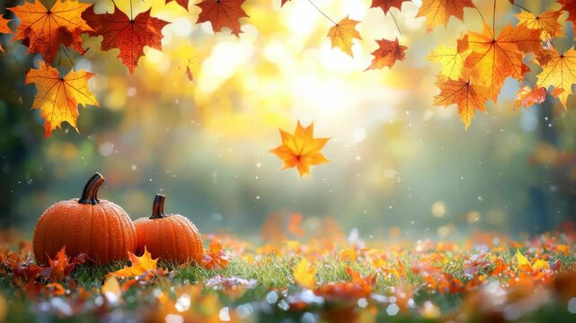Autumn leaves and pumpkins fall scene
