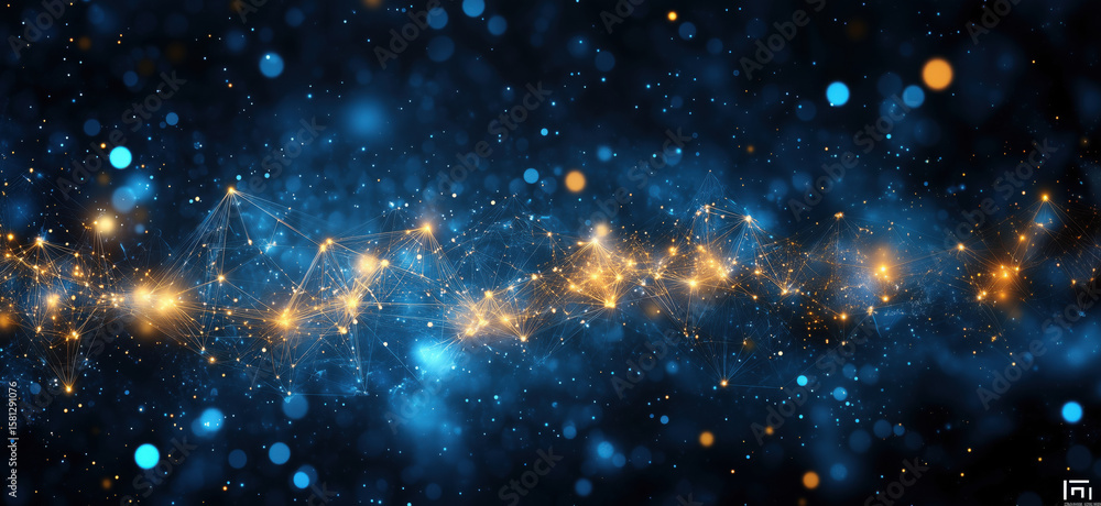 Poster abstract digital network with glowing connections and blue bokeh background.