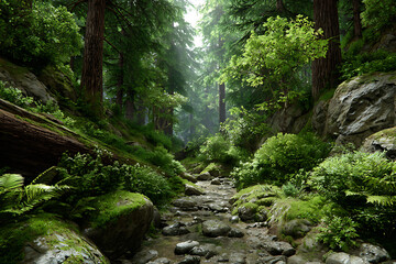Fototapeta premium Lush Green Forest Stream Scene Sunlight Filtering Through Tall Trees Moss Covered Rocks and Fallen Log Dense Vegetation Tranquil Nature