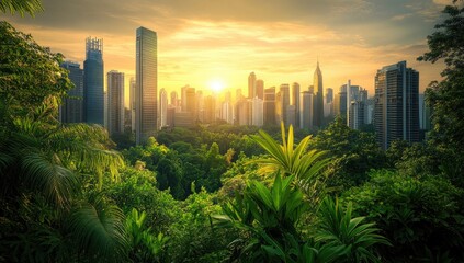 Lush greenery frames a city skyline at golden sunset