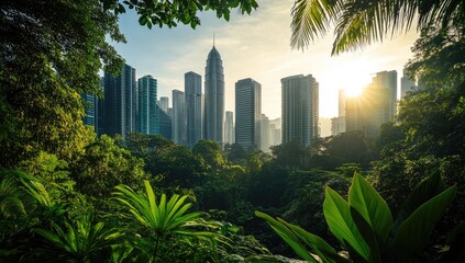 Lush greenery frames city skyline at sunrise