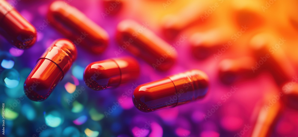Poster red capsules floating over colorful bokeh background with vibrant hues and reflections.