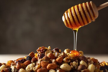 Honey Drizzled Over Mixed Nuts On A Wooden Surface
