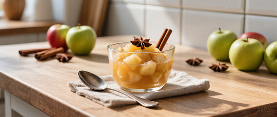 Apple compote in glass bowl with cinnamon sticks on wooden table  