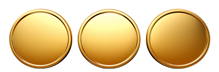 Three shiny golden coins gleam against a black background in this close-up shot. element isolated on transparent background.