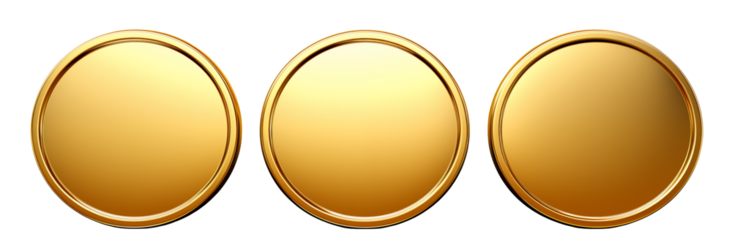 Three shiny golden coins gleam against a black background in this close-up shot. element isolated on transparent background.