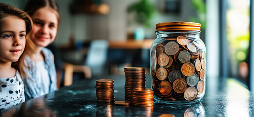 Children saving money in jar with coins and stacks on table, financial education concept.