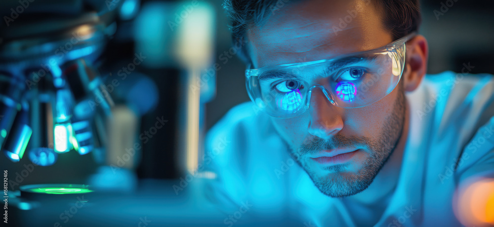 Poster scientist examining samples under microscope in laboratory with blue lighting.