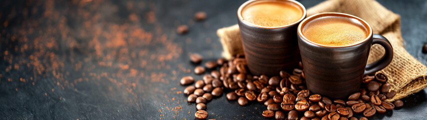 Steaming espresso in rustic mugs with roasted coffee beans on dark textured surface and burlap backdrop. Copy space