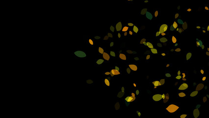 Illustrated background with stylized leaves in shades of green and yellow on a black canvas. Nature, ecology concepts. Space for text, copy space. Wallpaper.