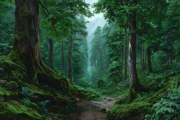 Fototapeta premium Lush Vibrant Rainforest Path Deep Green Canopy Moss Covered Trees Sunlight Filtering Through Leaves Tranquil Forest Scene