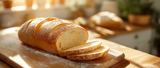  Sliced golden loaf of soft homemade bread on wooden board in sunlit kitchen with warm morning ambiance. Copy space