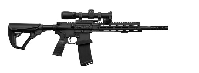 Modern tactical rifle with scope, adjustable stock, and modular handguard on white back