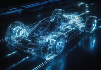 Futuristic race car, glowing wireframe