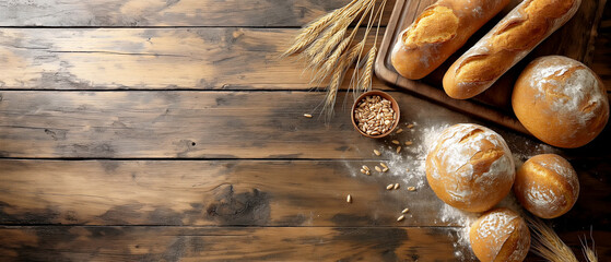  Freshly baked variety of rustic bread rolls and baguettes with wheat and grains on weathered wooden table. Copy space