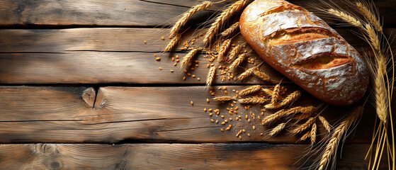 Crusty farmhouse bread with scattered wheat grains and golden ears on rustic wooden table surface. Copy space