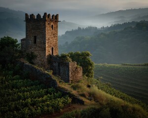 Ancient stone tower overlooking rolling vineyards at sunrise. Serene, misty morning.