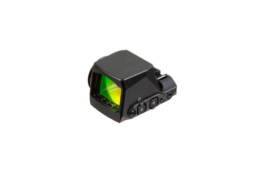 Compact black reflex red dot sight with tinted lens on white background. - Powered by Adobe