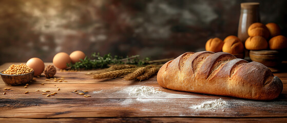  Rustic loaf of fresh bread on wooden table surrounded by natural baking ingredients and warm harvest elements. Copy space