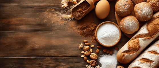  Rustic baking ingredients and artisan bread on wooden table evoking warmth, tradition, and homemade comfort. Copy space