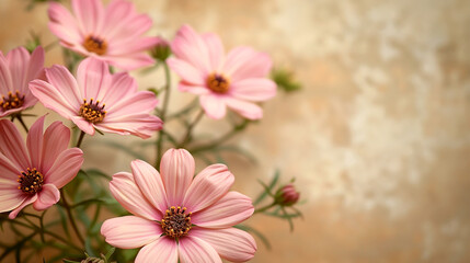  Soft pink cosmos flowers blooming against warm textured background evoking elegance and gentle beauty. Copy space