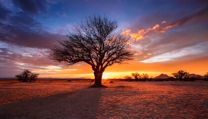 Naklejka premium a solitary withered tree stands prominently against a dramatic sunset casting stark shadows on the ground and creating an intense contrast with the fiery sky
