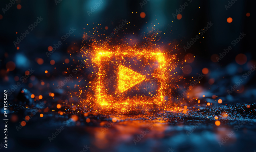Poster glowing play button symbol surrounded by fiery sparks and particles in dark environment.