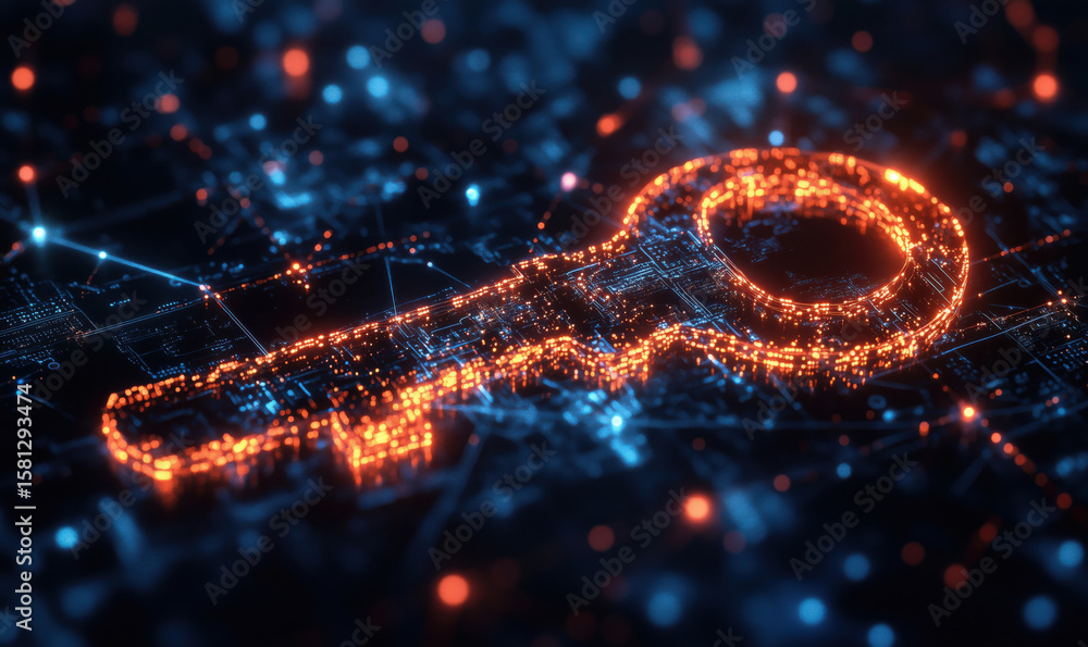 Poster digital key symbolizing cybersecurity and data protection in a tech landscape.