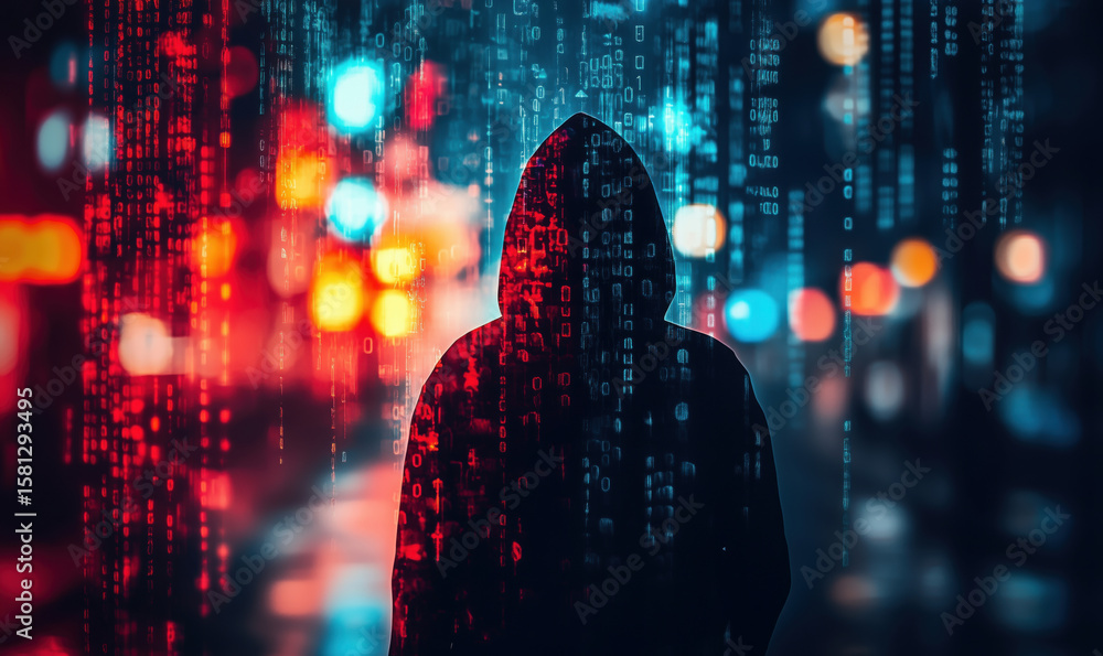 Poster mysterious figure in hoodie surrounded by digital binary code and city lights.