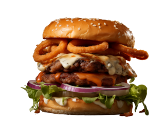 Delicious burger with juicy patties, cheese, and crispy onion rings on a black background element isolated on transparent background.