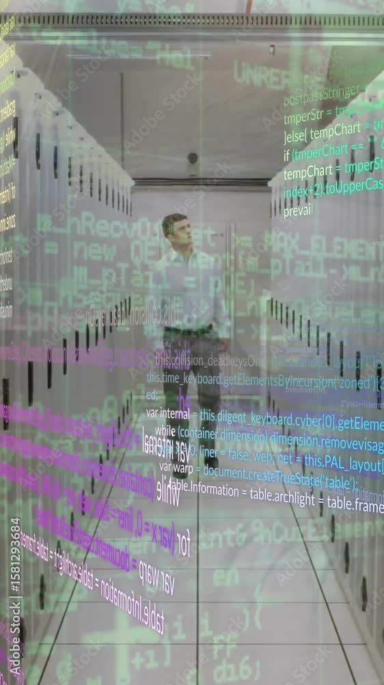 Poster animation of computer language, caucasian man looking at server racks while walking in server room
