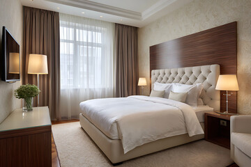 Luxurious Hotel Bedroom with Beige Upholstered King Size Bed Dark Wood Headboard and Cream Carpet